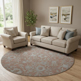 8' Terra Cotta And Gray Floral Washable Round Rug With UV Protection