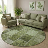 8' Olive Green And Gray Patchwork Washable Round Rug With UV Protection