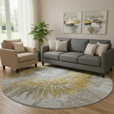 8' Gold Ivory And Gray Abstract Washable Round Rug With UV Protection