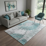 5' X 8' Teal Ivory And Gray Abstract Washable Area Rug With UV Protection