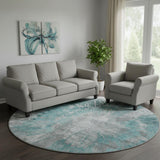 8' Teal Ivory And Gray Abstract Washable Round Rug With UV Protection