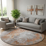 8' Terra Cotta Ivory And Gray Abstract Washable Round Rug With UV Protection