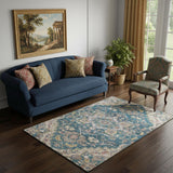 5' X 8' Blue Gold And Rust Floral Medallion Washable Area Rug With UV Protection