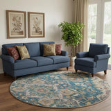 8' Blue Gold And Rust Floral Medallion Washable Round Rug With UV Protection