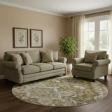 8' Brown Ivory And Taupe Floral Medallion Washable Round Rug With UV Protection
