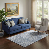 5' X 8' Denim Blue Ivory And Gray Floral Medallion Washable Area Rug With UV Protection