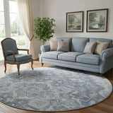 8' Denim Blue Ivory And Gray Floral Medallion Washable Round Rug With UV Protection