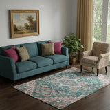 5' X 8' Emerald Beige And Teal Floral Medallion Washable Area Rug With UV Protection