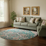 8' Emerald Beige And Teal Floral Medallion Washable Round Rug With UV Protection