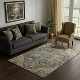 5' X 8' Gray Gold And Silver Floral Medallion Washable Area Rug With UV Protection