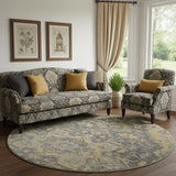 8' Gray Gold And Silver Floral Medallion Washable Round Rug With UV Protection