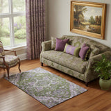 5' X 8' Olive Green Purple And Gray Floral Medallion Washable Area Rug With UV Protection