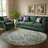 8' Olive Green Purple And Gray Floral Medallion Washable Round Rug With UV Protection