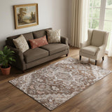 5' X 8' Terra Cotta Beige And Gray Floral Medallion Washable Area Rug With UV Protection