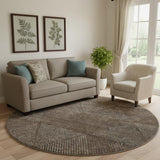 8' Brown And Taupe Geometric Washable Round Rug With UV Protection