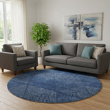 8' Navy Blue And Ivory Geometric Washable Round Rug With UV Protection