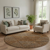 8' Terra Cotta Beige And Gray Geometric Washable Round Rug With UV Protection