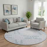 8' Blue And Ivory Floral Washable Round Rug With UV Protection