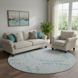 8' Teal And Ivory Floral Washable Round Rug With UV Protection