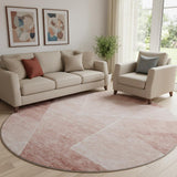 8' Salmon And Ivory Geometric Washable Round Rug With UV Protection