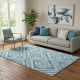5' X 8' Blue Green And Ivory Geometric Washable Area Rug With UV Protection