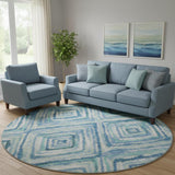 8' Blue Green And Ivory Geometric Washable Round Rug With UV Protection