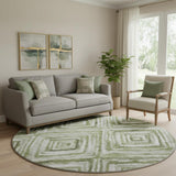 8' Artichoke Green Gray And Ivory Geometric Washable Round Rug With UV Protection