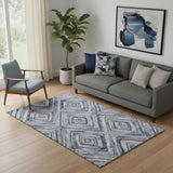 5' X 8' Blue Ivory And Gray Geometric Washable Area Rug With UV Protection