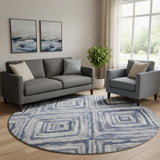 8' Blue Ivory And Gray Geometric Washable Round Rug With UV Protection