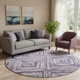 8' Purple Ivory And Gray Geometric Washable Round Rug With UV Protection