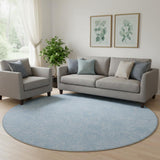 8' Sky Blue And Ivory Floral Washable Round Rug With UV Protection