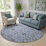 8' Blue Gray And Ivory Medallion Washable Round Rug With UV Protection