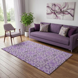 5' X 8' Purple And Ivory Medallion Washable Area Rug With UV Protection