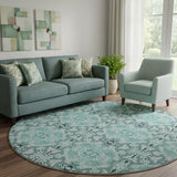 8' Teal And Ivory Medallion Washable Round Rug With UV Protection