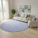 8' Sky Blue And Ivory Medallion Washable Round Rug With UV Protection