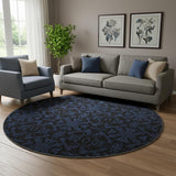8' Blue And Charcoal Medallion Washable Round Rug With UV Protection