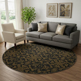 8' Brown And Charcoal Medallion Washable Round Rug With UV Protection
