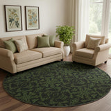 8' Olive Green And Charcoal Medallion Washable Round Rug With UV Protection