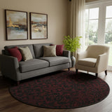 8' Red And Black Medallion Washable Round Rug With UV Protection