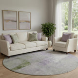 8' Purple Ivory And Green Abstract Washable Round Rug With UV Protection