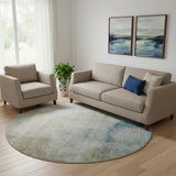 8' Taupe Blue And Ivory Abstract Washable Round Rug With UV Protection