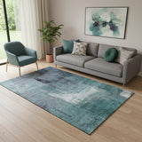 5' X 8' Teal Ivory And Purple Abstract Washable Area Rug With UV Protection