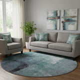 8' Teal Ivory And Purple Abstract Washable Round Rug With UV Protection