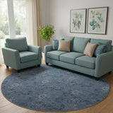 8' Blue And Ivory Floral Washable Round Rug With UV Protection