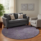 8' Eggplant And Ivory Floral Washable Round Rug With UV Protection