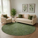 8' Olive Green And Ivory Floral Washable Round Rug With UV Protection