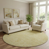 8' Gold And Ivory Floral Washable Round Rug With UV Protection