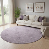 8' Plum And Ivory Floral Washable Round Rug With UV Protection
