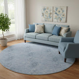 8' Sky Blue And Ivory Floral Washable Round Rug With UV Protection
