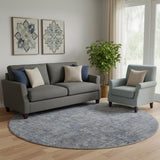 8' Blue And Gray Southwestern Washable Round Rug With UV Protection